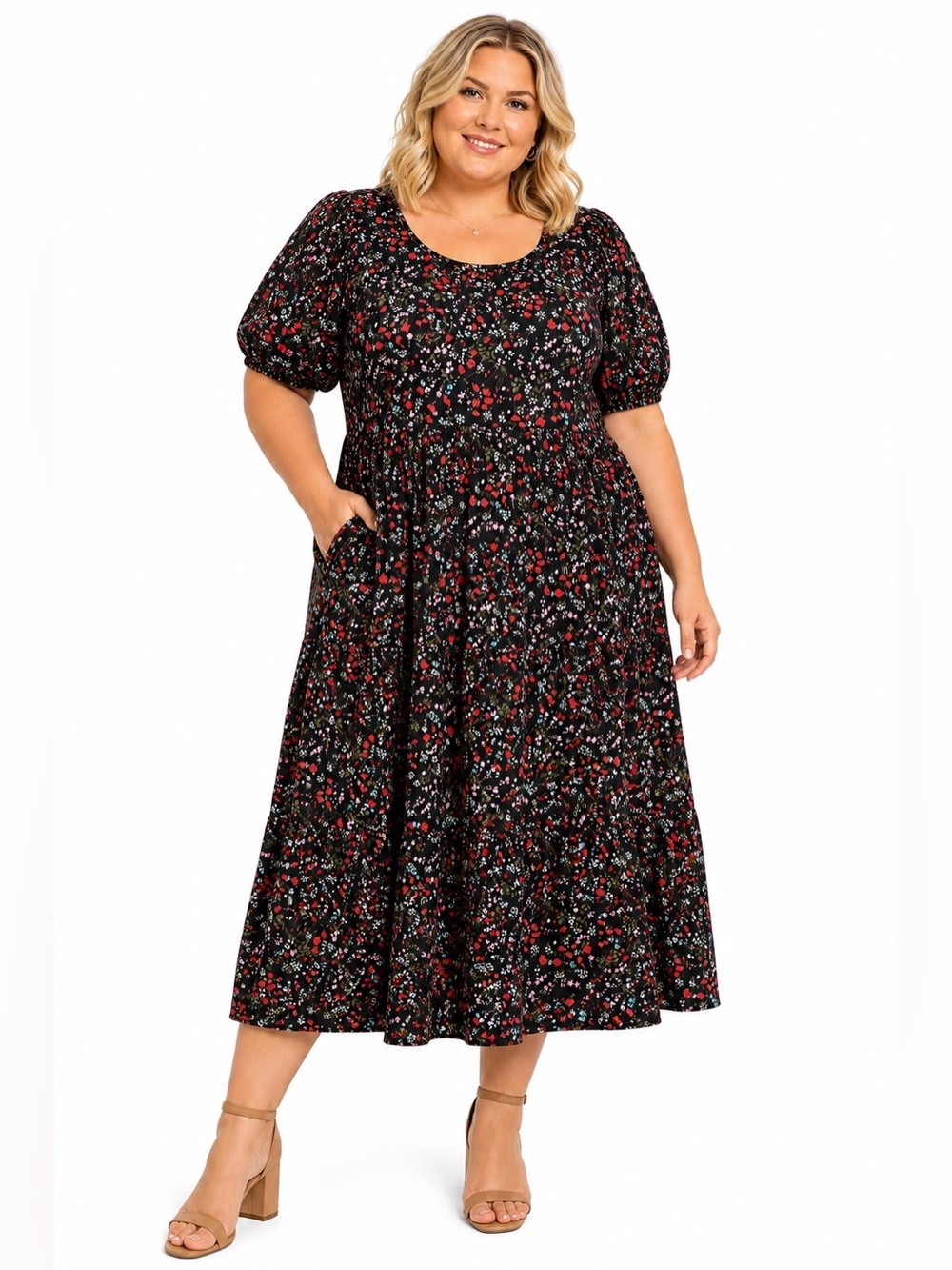 Ava & Viv Black Floral Tiered Midi Dress Puff Sleeve Pockets Plus Size 2X